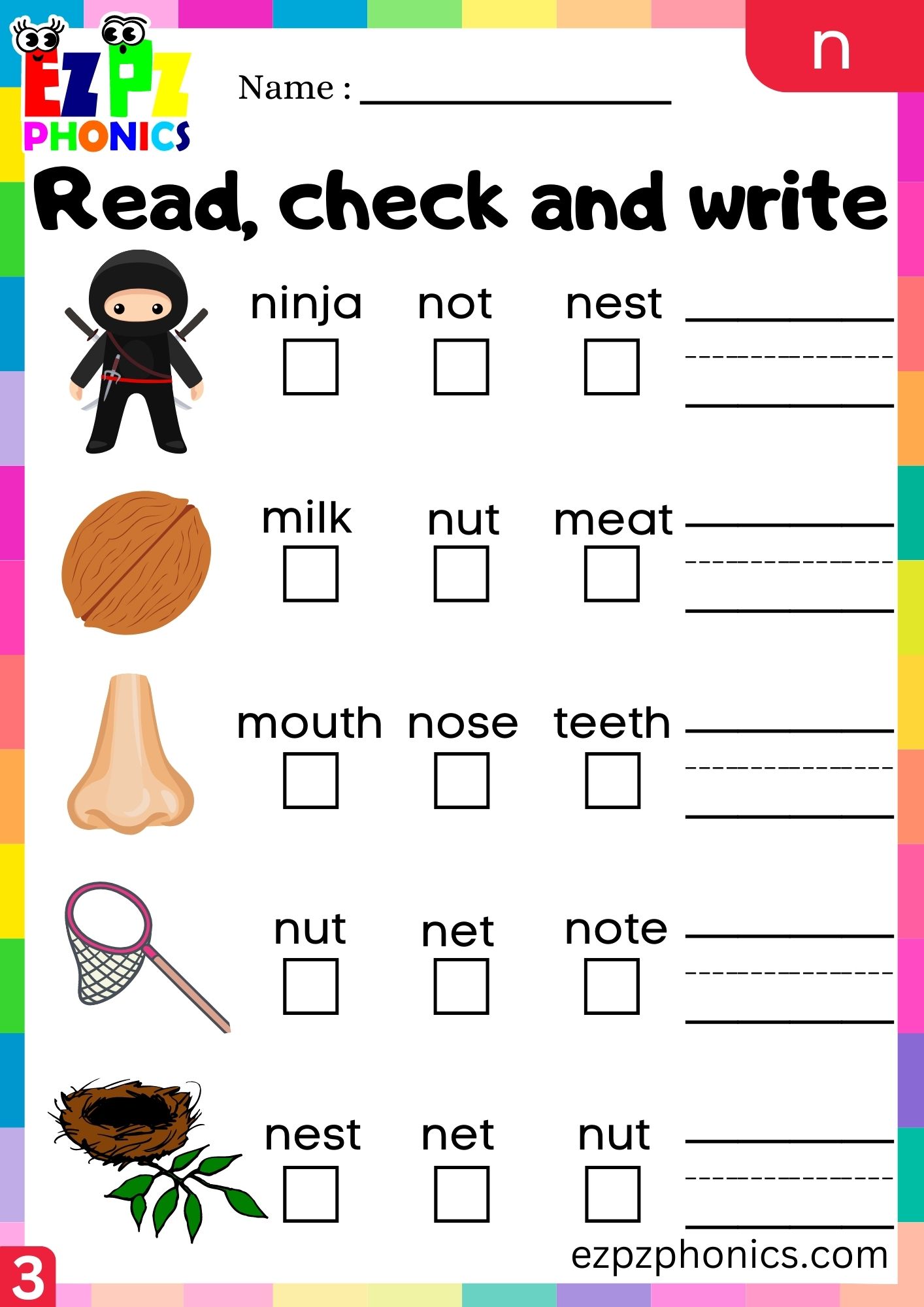 Letter n Read Check and Write the Words Phonics Activity Group 3